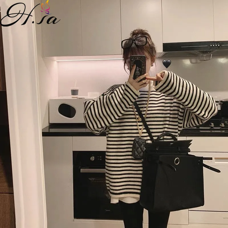 

Hsa Striped Sweater Top 2021 Autumn And Winter New Korean Style Pullovers Oversized Chic Jumpers ONeck Pull Jumper Sweater Women