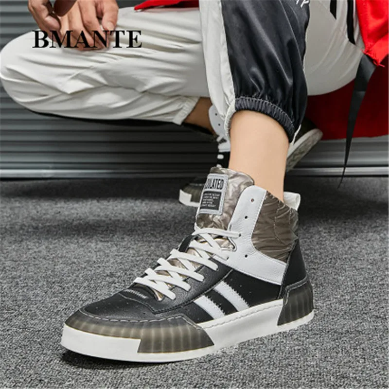 

Bmante 2020 New Men Casual Shoes Leather Splice Lace Up Trainers Ankle Sneaker Platform Male Adult Boots Hip Hop zapatillas