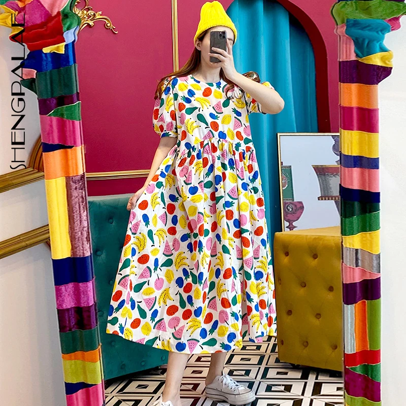 SHENGPALAE 2021 New Summer Women Vintage Loose High Waist Slim Was Thin Elegant Fruit Printing Big Swing Maxi Dress ZA4803 | Женская