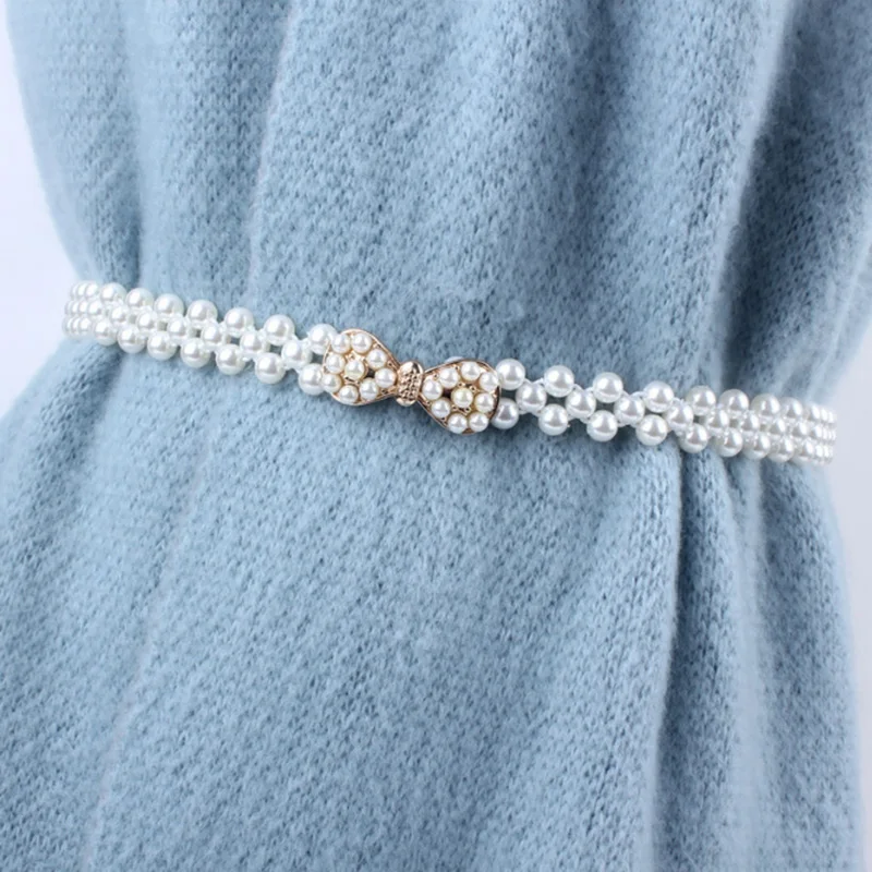 

1PC Ladies Pearls Crystal Beads Chain Belt Stretchy Flower Buckle Waistband