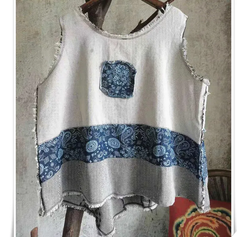 

QING MO Slim Thin Retro Denim Vest Women 2021 Summer New Vest Trend Stitching Fashion Denim Women Vest White ZWL194