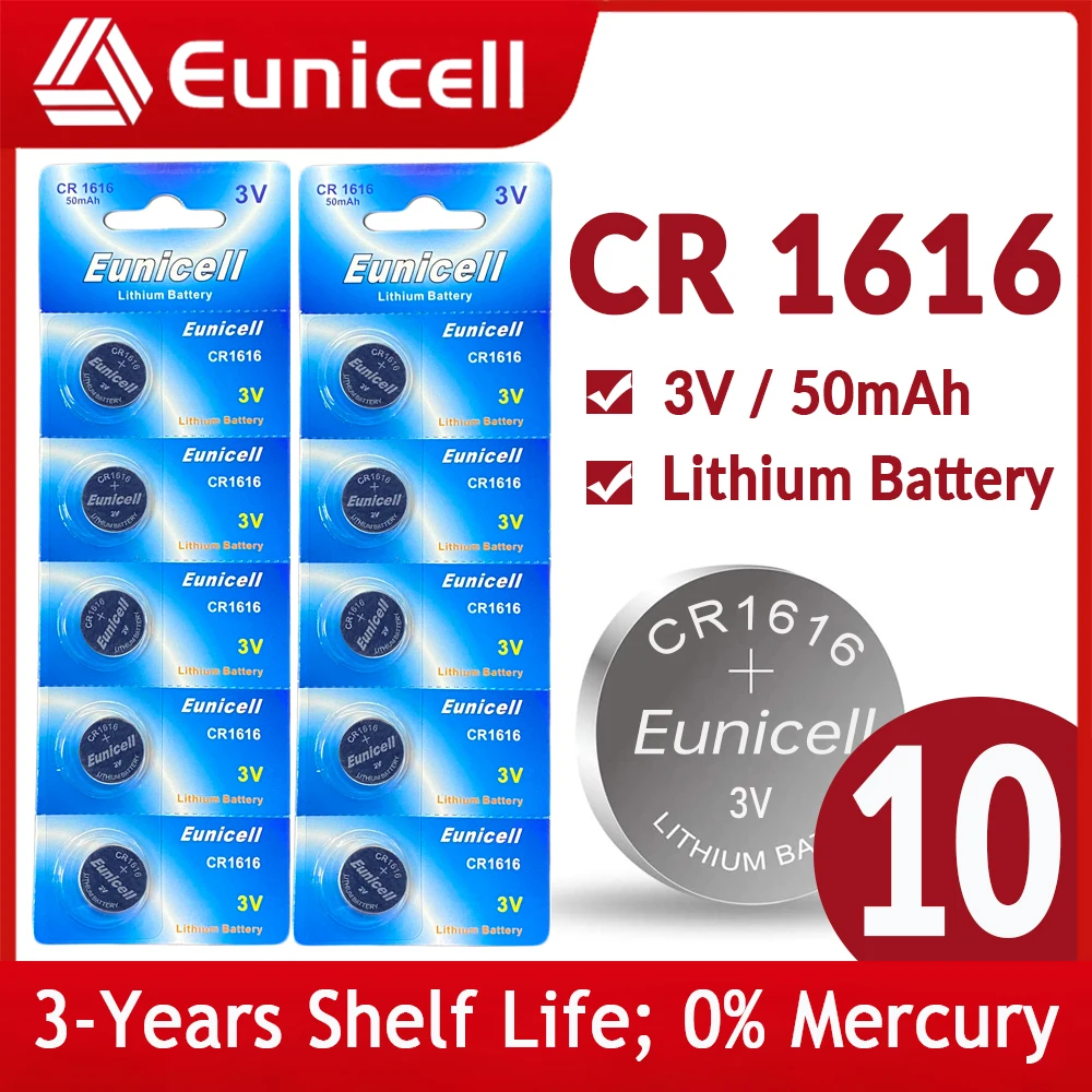 

Eunicell 10PCS 3V 50mAh CR1616 Coin Cells Batteries CR 1616 DL1616 BR1616 5021LC LM1616 Lithium Battery For Watch Remote Control