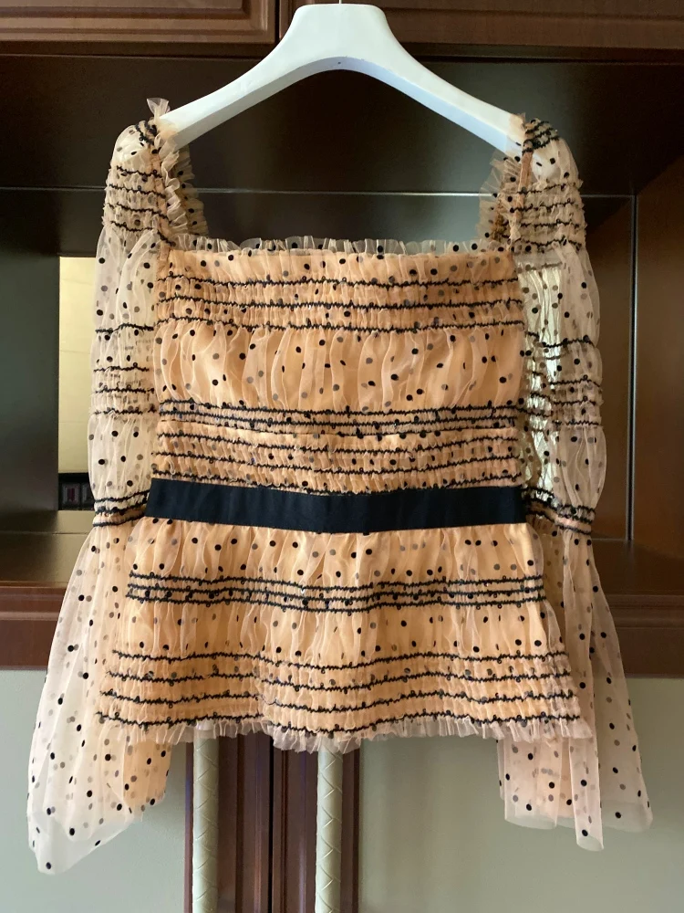 2020 весна лето женская Высококачественная рубашка в горошек с расклешенными