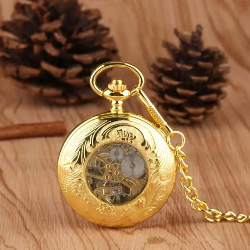 Luxury Yellow Gold Men Women Handwinding Mechanical Skeleton Pocket Watch Pendant Chain Clock Arabic Number Dial Watches Reloj