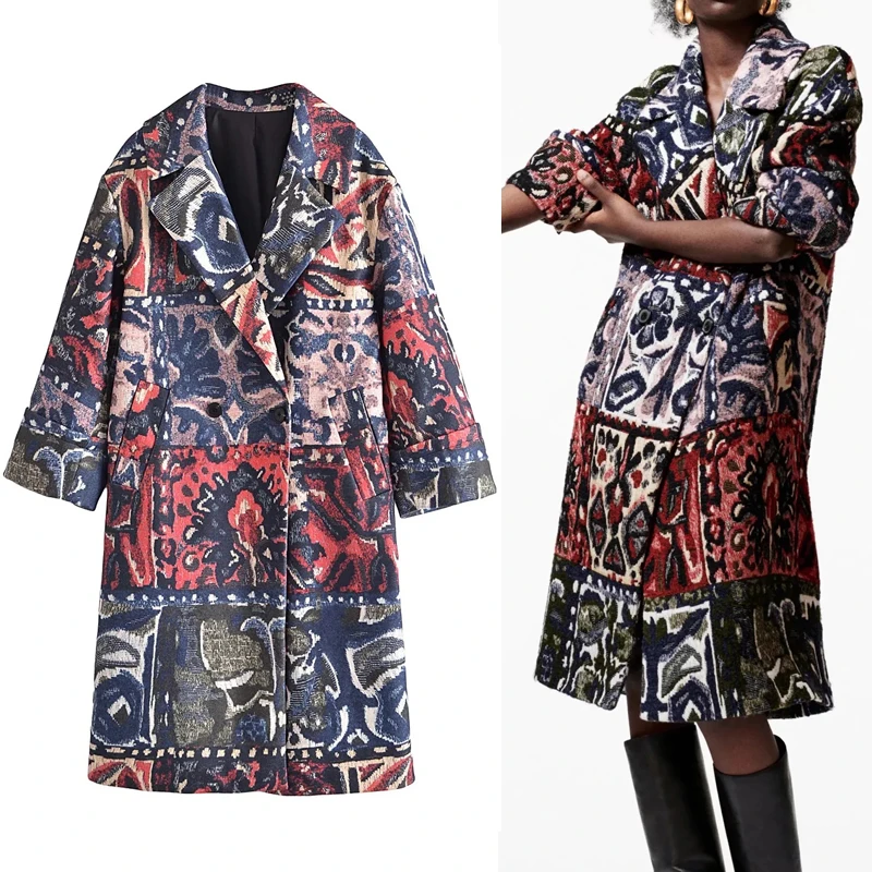 

TRAF Za Coats Woman Winter 2021 Jacquard Long Coat Women Oversized Quilted Print Plaid Coat Vintage Thick Long Overcoat Female