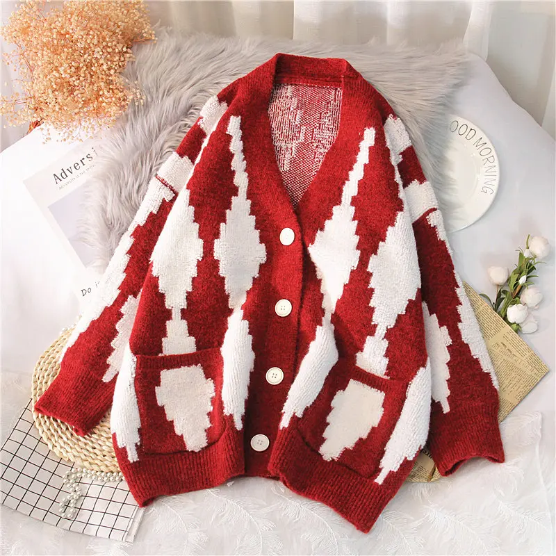 

Кардиган женский трикотажный, оверсайз, с геометрическим узором, Осень-зима
