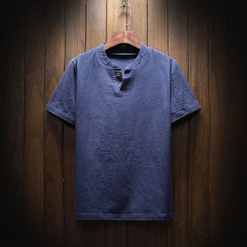 Льняная мужская футболка с большим v образным вырезом Повседневная в китайском