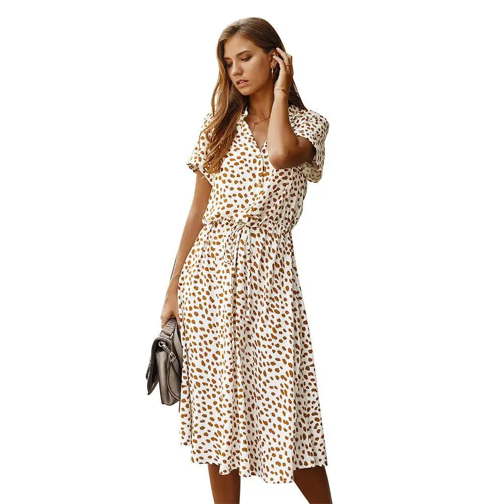 

Ladies Bohemian Leopard Print Shirt Dress Women Casual Midi Holiday Summer Dress Female A-line Loose Women Beach Dress Vestidos