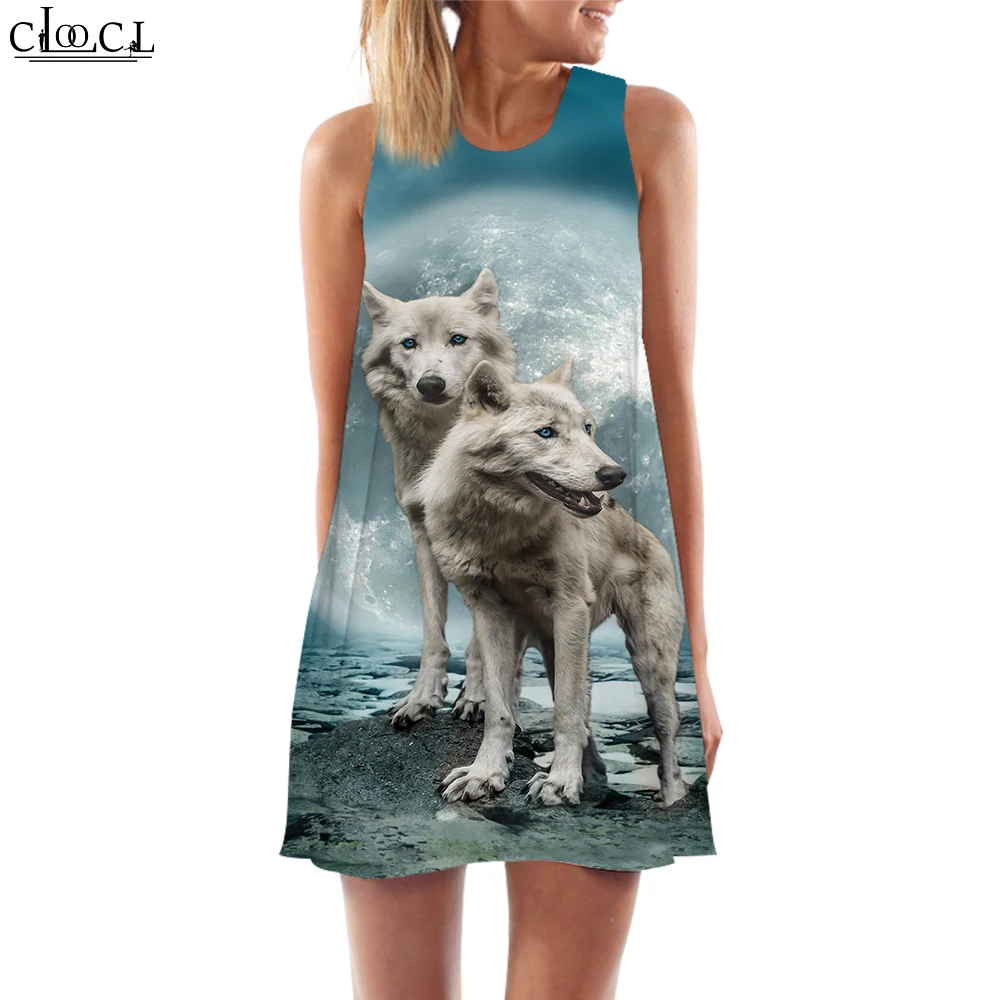 

CLOOCL женские майки платье красивое животное волк 3D узор платье одежда для дочери жилет короткая женская юбка платье без рукавов