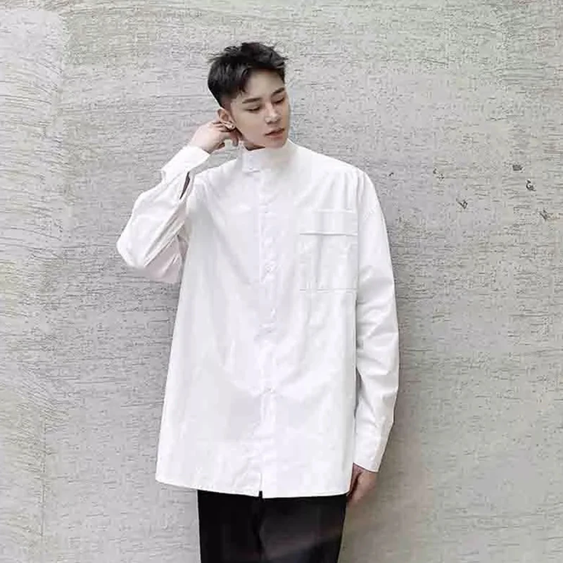 

Men's solid color shirt men's autumn long sleeve stand collar literature and art cool wind minimalist retro shirt fashion abstin