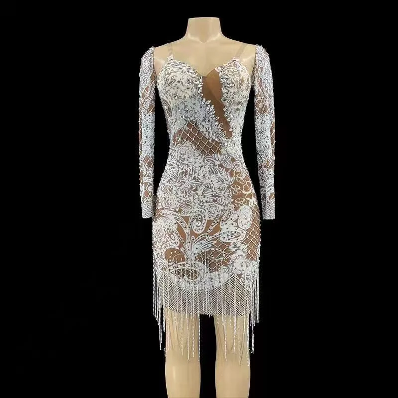 

Блестящее Серебряное платье с большими кристаллами, Сетчатое платье, вечерний костюм на одно плечо для празднования дня рождения, сексуаль...