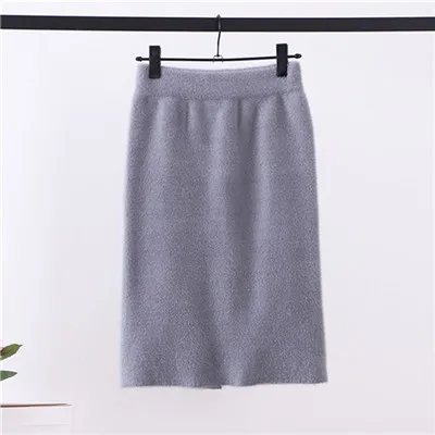 Grey-60cm Женская вязаная юбка из синтетического норка и кашемира на осень и зиму, Корейская шикарная юбка с разрезом сзади, юбка-карандаш с высокой талией, женские юбки s rokjes - Цвет: Grey-60cm