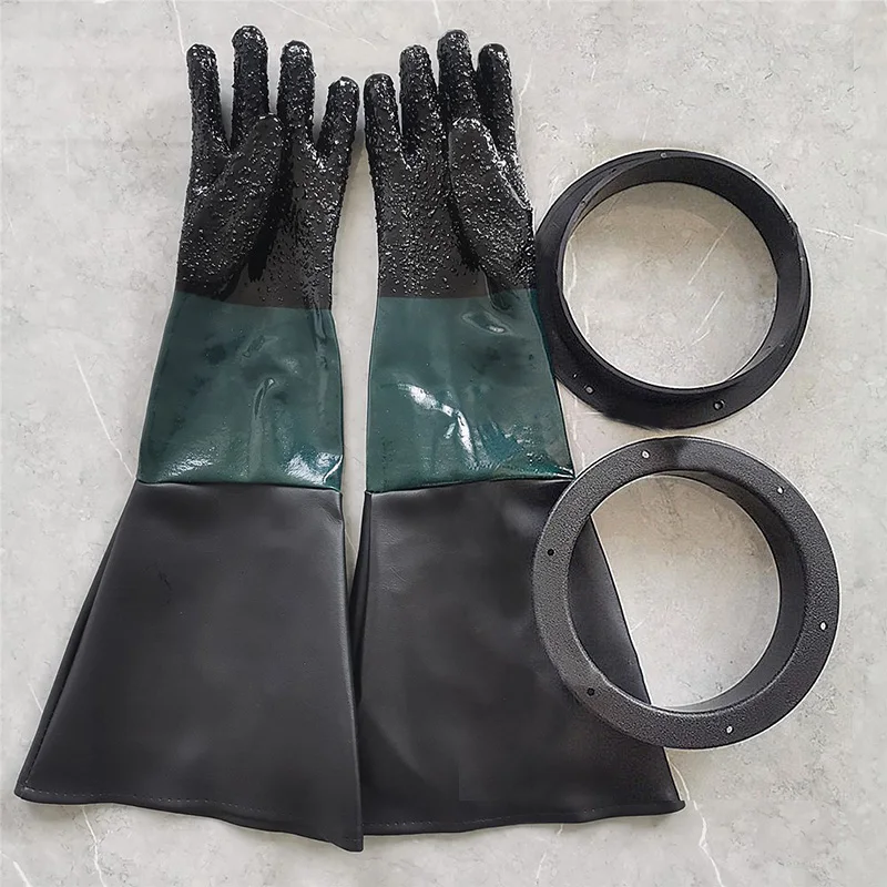 A Pair Sandblasting Gloves with 6 Holes O Rings Sand Blaster Parts 60cm Men's Gloves for Sandblast Cabinet Blasting Work Gloves