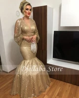 2021 elegant long sleeve v neck formal evening dresses custom made gold sequins gown for wedding party vestidos