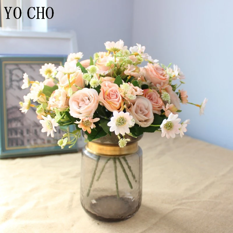 Искусственный цветок YO CHO мини букет шелковых роз маргаритки сделай сам