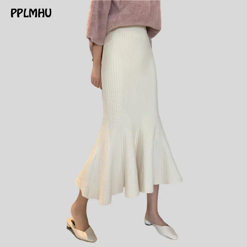 

Bodycon Ruffles Knitted Skirts Casual Below The Knee Mermaid Skirts Fall Elegant Women High Waist Dating Casual Skirt for Ladies
