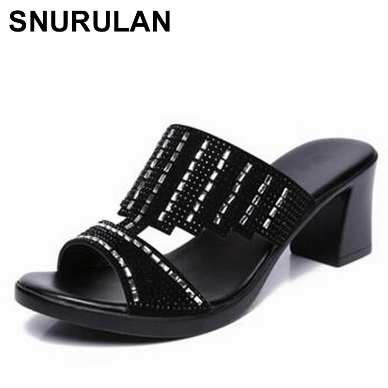 

SNURULAN Sexy Women Shoes Summer Peep Toe Slides Party Evening Big High Heels Slipper Crystal Ladies Slides Plus Size 41 42