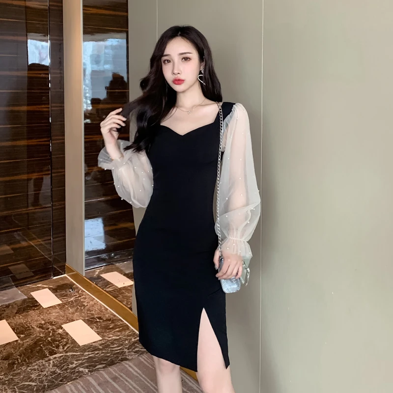 Женское весенне-осеннее платье элегантное черное Сетчатое в стиле пэчворк с