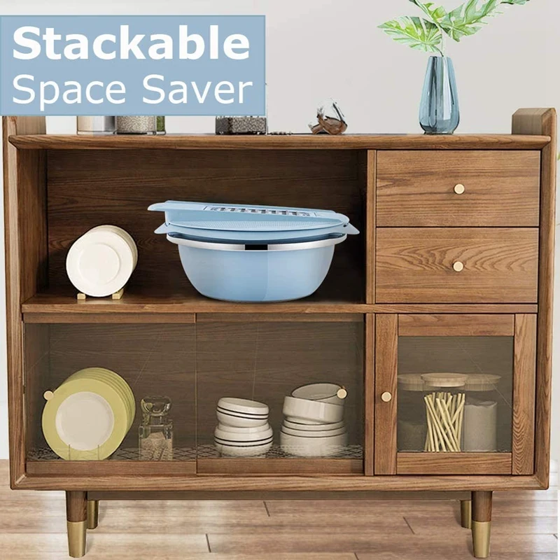 

Drain Basket Bowl Set, 10 Inch Stainless Steel Drain Basket Vegetable Cutter,Kitchen Multipurpose Julienne Grater,Cheese