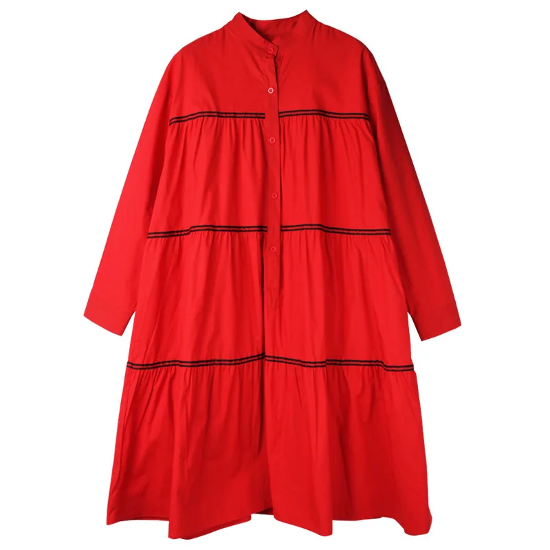 

White Red Black Army Green Cotton Shirt Dress Women Autumn Long Sleeve Stripe Patchwork Knee length Bud A-line Dress Plus Size