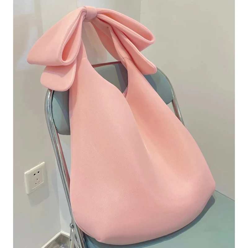 

Bowknot Shoulder Bag for Female 2021 Spring Summer Woman New Personality Pink Color Spliced Bow All Match Handbag