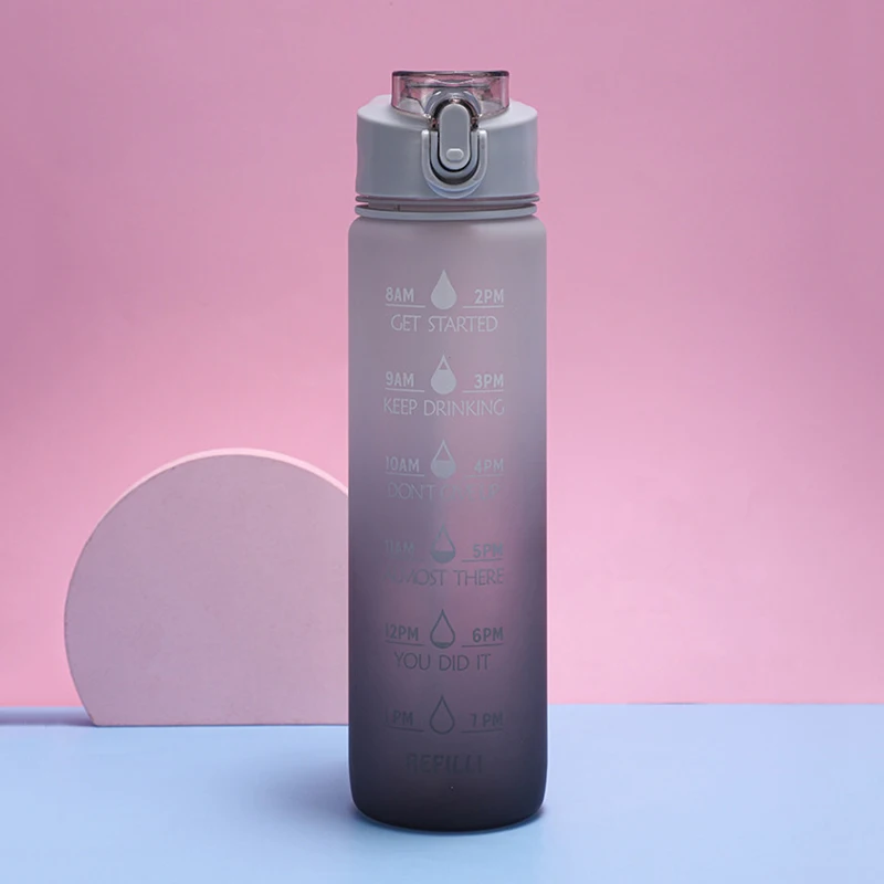 1000 ML Water Bottle With Bounce Cover Time Scale Reminder Frosted Leakproof Cup Rainbow Gradient Outdoor Sports |