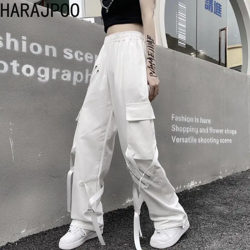 

Harajpoo Women Pants Casual Overalls Summer Korean Ins High Street Multi-pocket Lovers Loose Thin Wide Leg Straight Trousers
