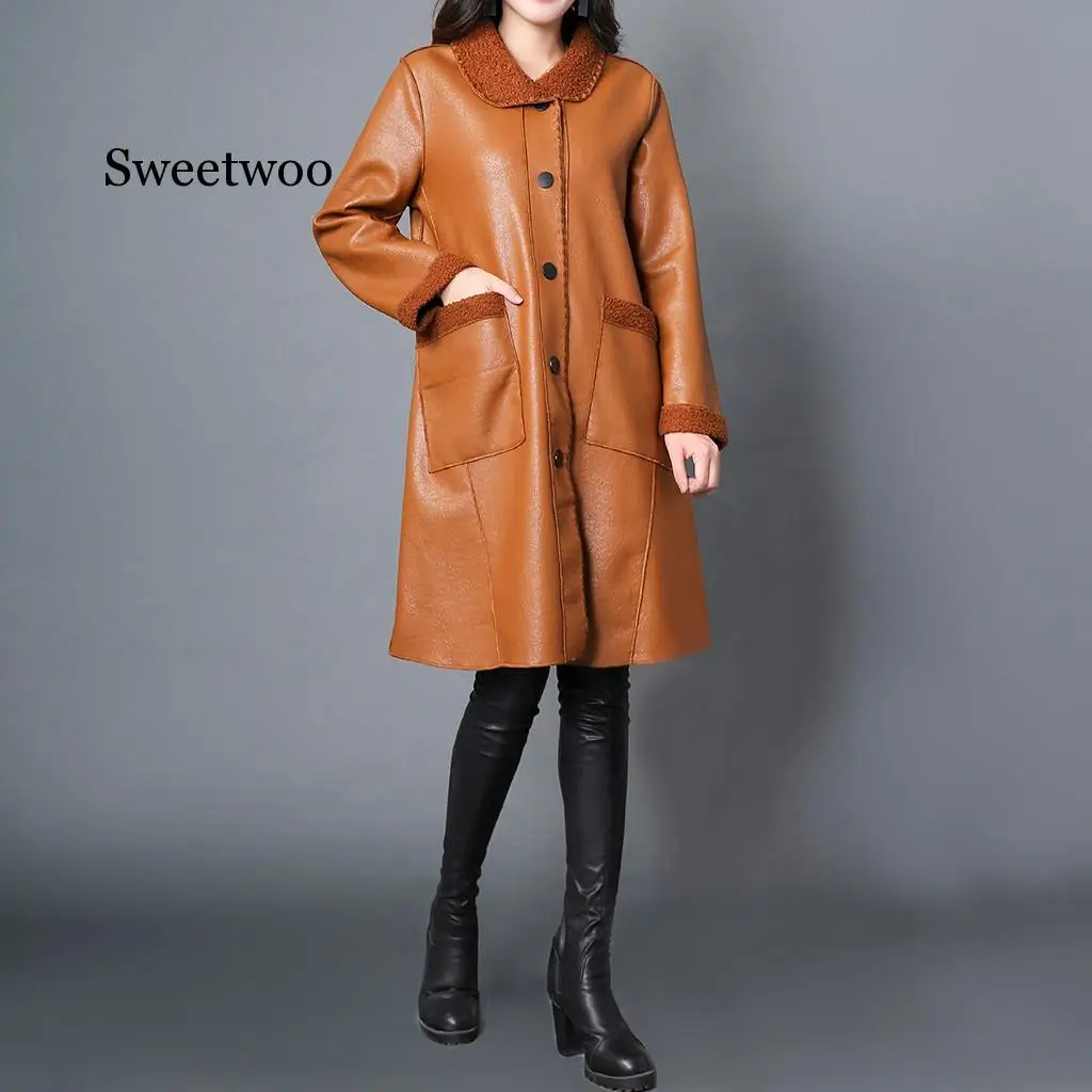 

2020 New PU Coats Women's Autumn Winter Leather Jacket Medium Long Thicken Casual Fashion Jackets Women