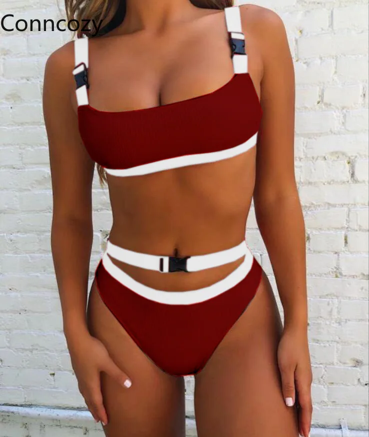 

Knit Bikini Set White Patchwork Swimsuit Women Button Bandaeg Swimming Suit Sexy Swimwear Bathing Suit Black Trajes Bano Mujer