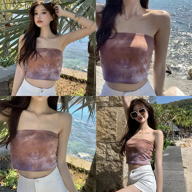 

Sexy Off Shoulder All-Match Top Summer Fashion Tie Dye Printed Short Slim Tops Women Sleeveless Strapless Mini Tube