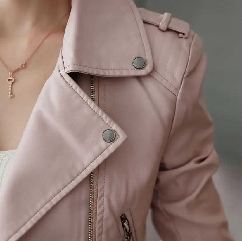 

And Autumn Spring Short Section Pu Leather Women Clothing Lapel Slim Large Size Jacket Rivet Zipper Pocket Black,pink Coat/xs-xl