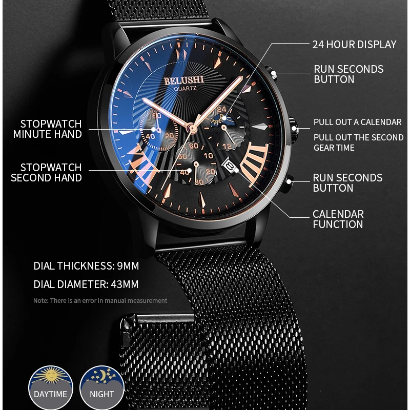 BELUSHI Топ Брендовые Часы Для мужчин Роскошные Спортивные кварцевые наручные часы