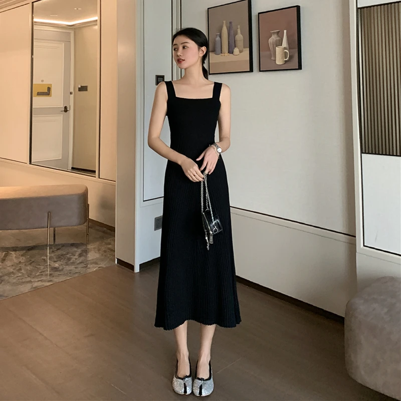 

Global 2021 Summer Dress Vintage Solid Sleeveless Square Collar New Women Knitted Dresses Korean Basics Slim Vestidos Femme