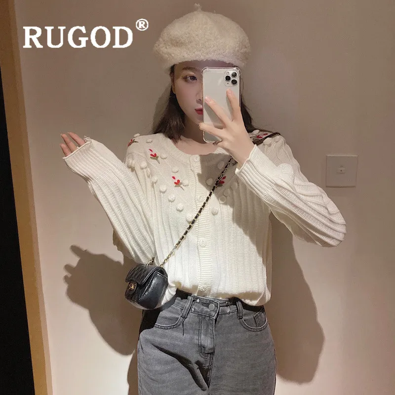 Женский вязаный кардиган с длинным рукавом RUGOD свитер цветочной вышивкой в