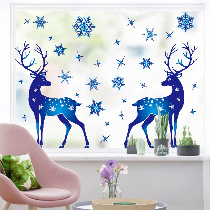 

Blue Christmas Reindeer Snowflake Window Stickers Decal Merry Christmas Elk Wall Glass Stickers Living Room Party Home Decor