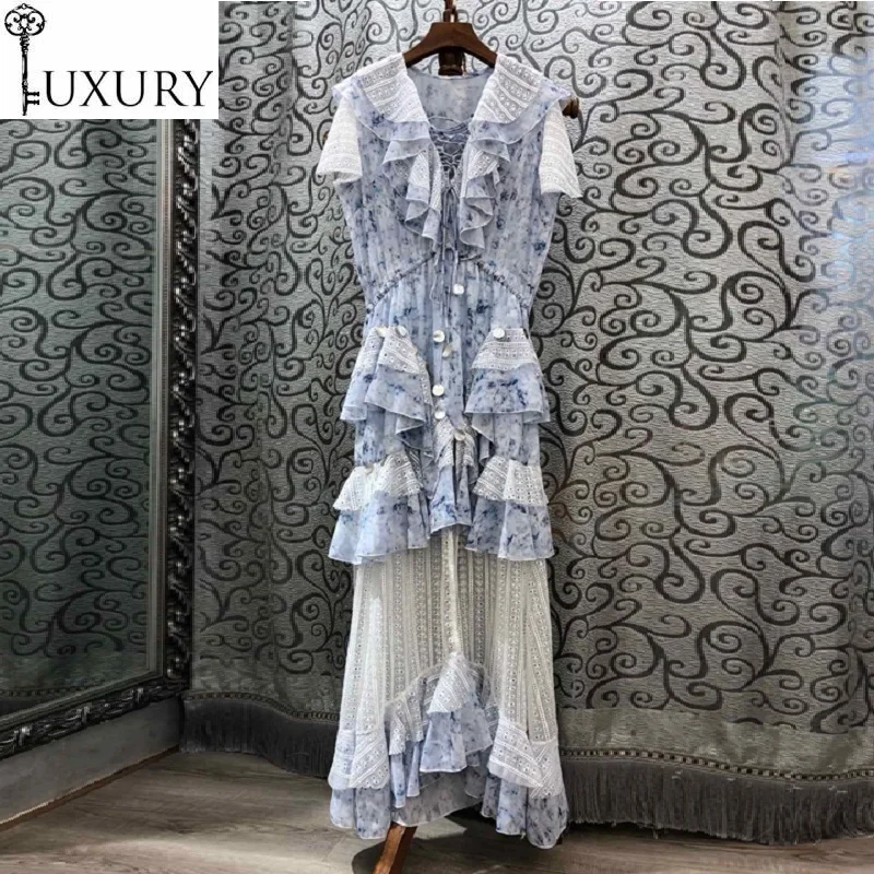 Fashion Summer Bohemian 2020 Women Cross String Hollow Out Embroidery Seashell Beading Blue White Long Maxi Dress