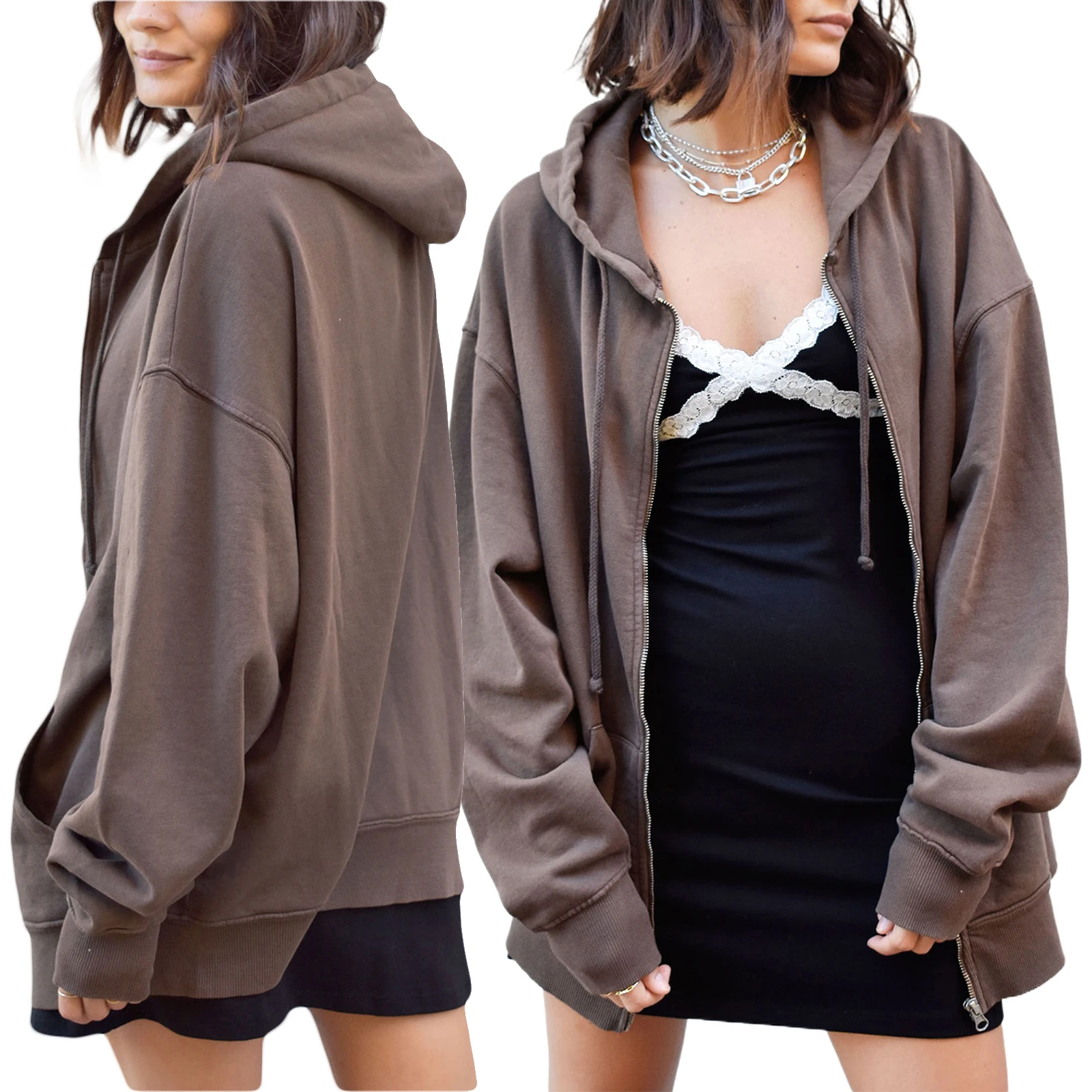 

Women Hoodies Casual Loose Sweatshirts Spring Autumn Zip Up Jackets Oversize Hoodies Women Solid Color Long Sleeve Sweatshirts