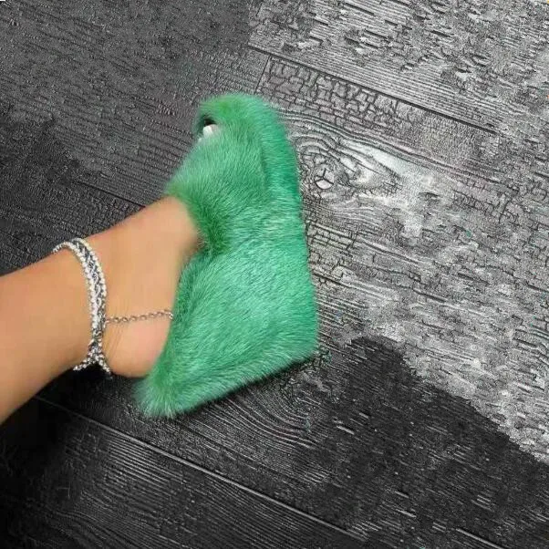 2022 Autumn New Women Round Head Wedges with Mink Fur Slippers Feminine High-heeled Fur Drag Outdoor All-match Shoes Slippers