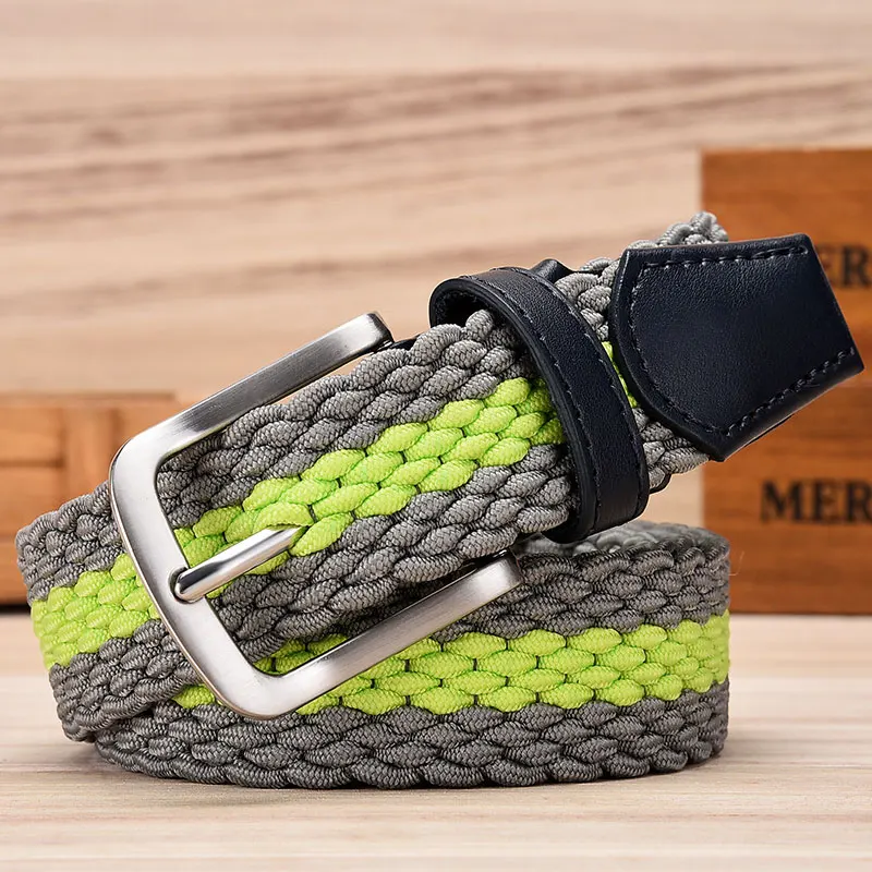 Fashion Casual Stretch Woven Belt With Leather Tip Top Elastic Belts For Men Jeans Mixed Color Braided Strap Zinc Alloy Buckle - Цвет: Green Grey