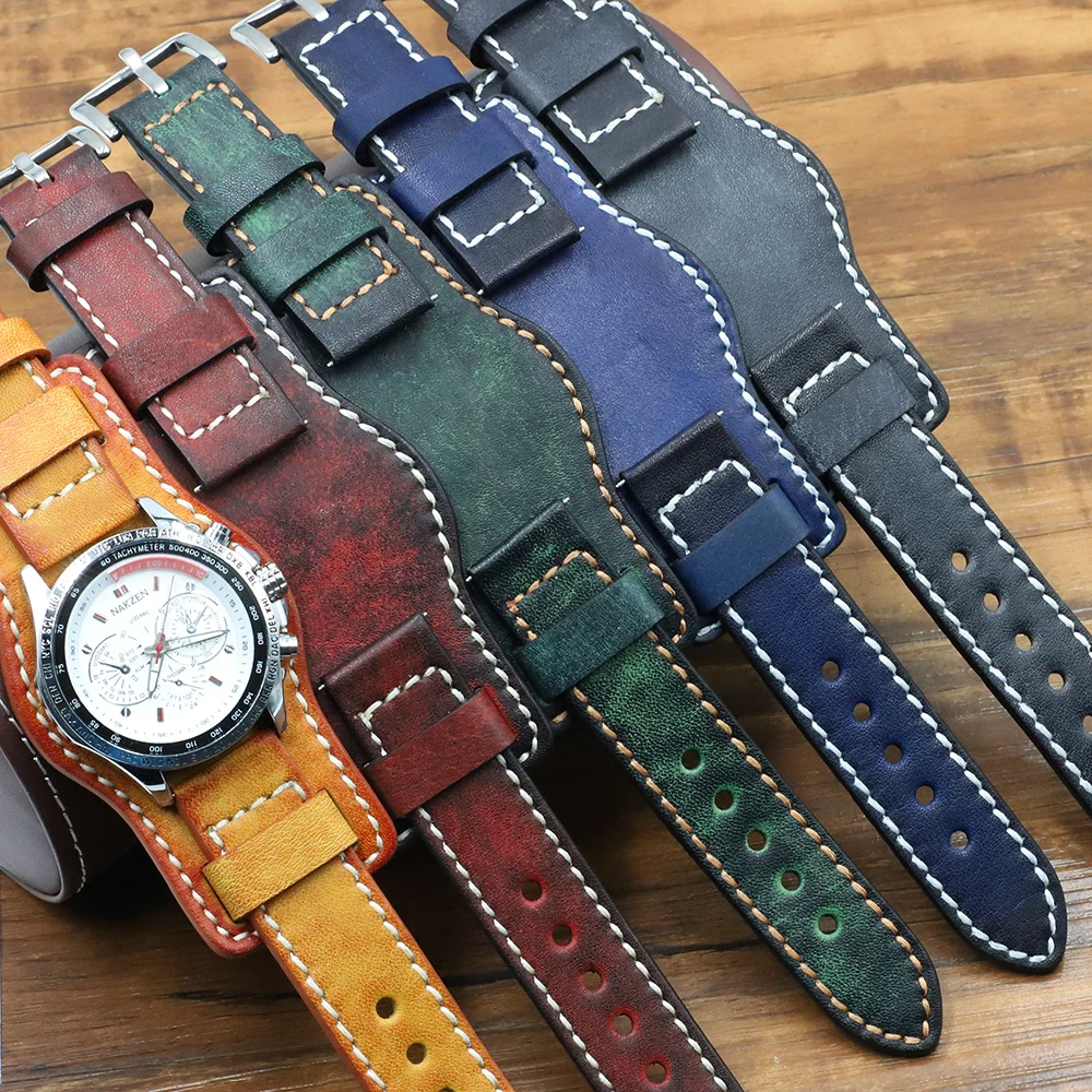 Cow Leather Watch Strap 20mm 22mm 24mm Yellow Green Blue Red Black Color Bracelet WristBand for Men Watch Accessories