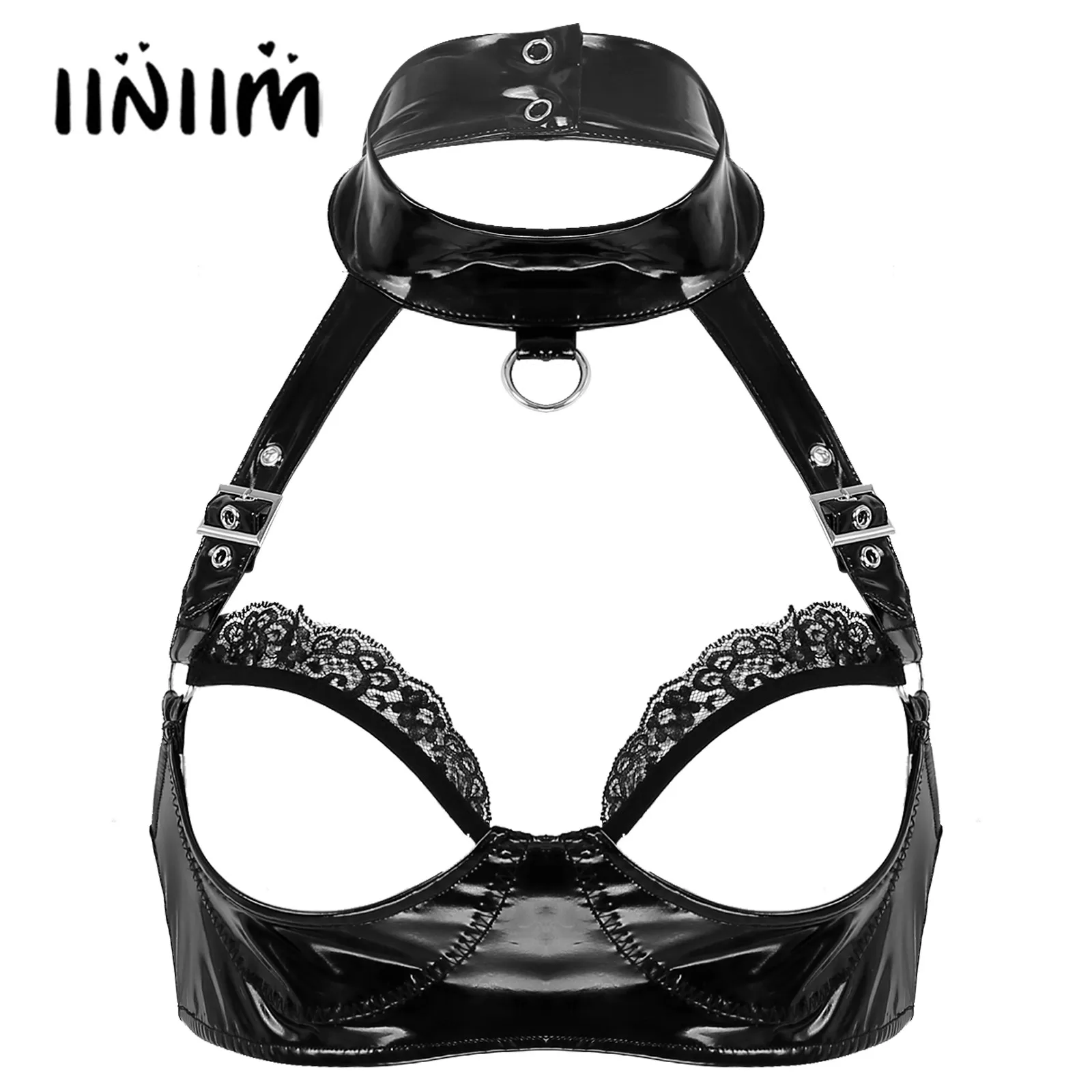 

Womens Lingerie Latex Open Cup Bra Hot Sexy Halter Hollow Out Wireless Brassiere Wetlook Patent Leather Open Chest Bra Underwear