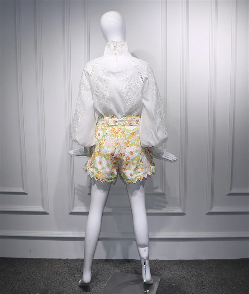 Осень 2019 Новое поступление открытая белая кружевная женская блузка с буфами на