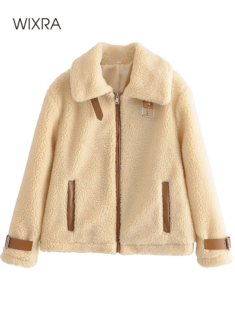 

Wixra Women Lamb Wool Jacket Zipper Furry Patchwork Stand Collar Stylish High Street Overcoat 2021 Autumn Winter
