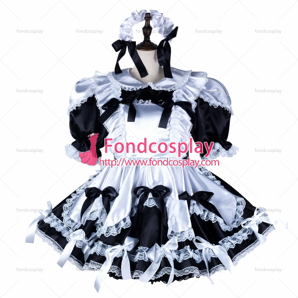 fondcosplay adult sexy cross dressing sissy maid short black white satin dress lockable Uniform costume Tailor-made[G2350] |