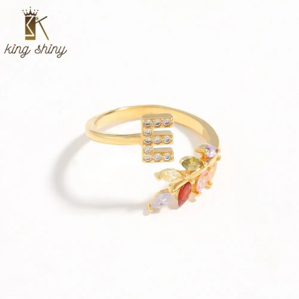

Personality 26 Letters Gold Copper Finger Rings for Lady rainbow Cubic Zirconia Padded Open Finger Rings Femal Engagement Rings