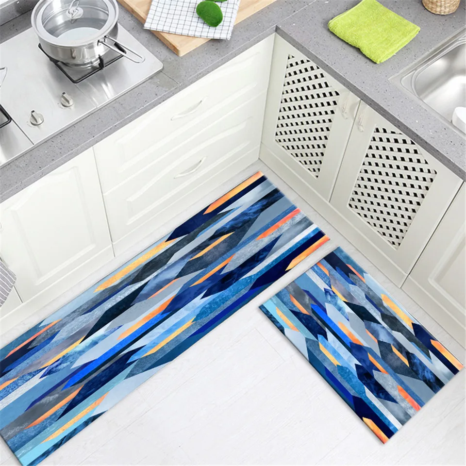 

Blue Gray Orange Strip Geometric Mats In The Hallway Decor On The Door Antis-lip Washable Mats For Kitchen Flannel Bathroom Mat