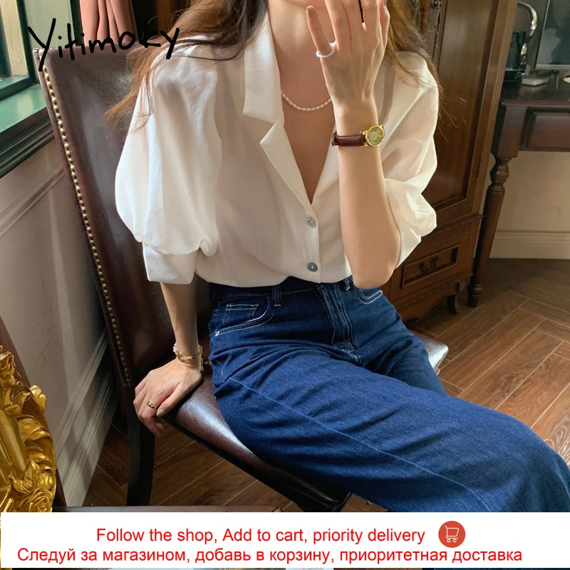 

Yitimoky Casual Women Shirts Turn-down Collar Single Breasted Puff Sleeve Loose 2021 Summer Fashion White Office Shirt Tops