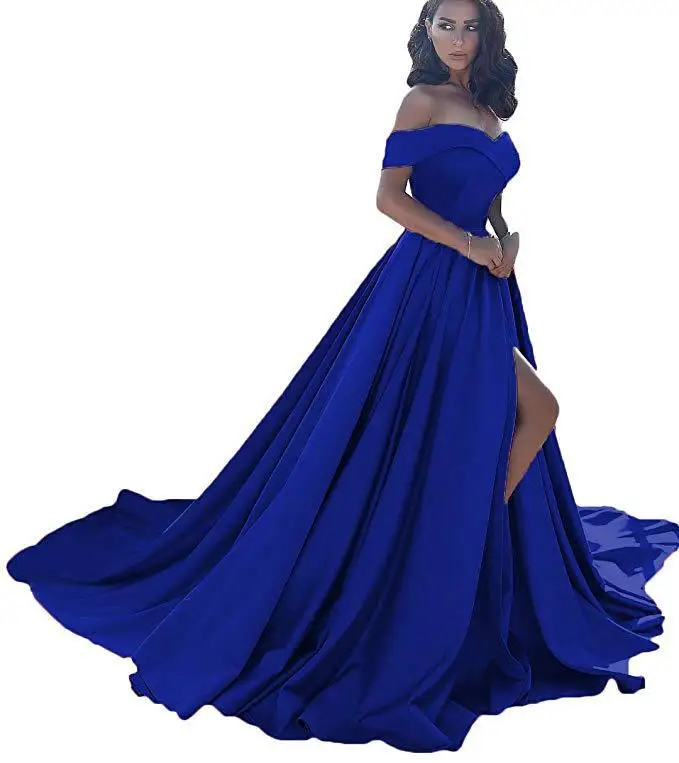Sky blue prom dresses sexy V-neck OFF shoulder high open split A Linevestido de formatura longo gala dress　 | Свадьбы и торжества