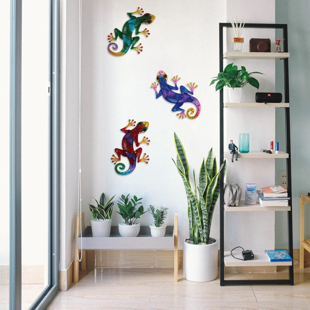 

3Pcs Wrought Iron Gecko Sculpture Lovely Wall Hanging Decoration Garden Pendant