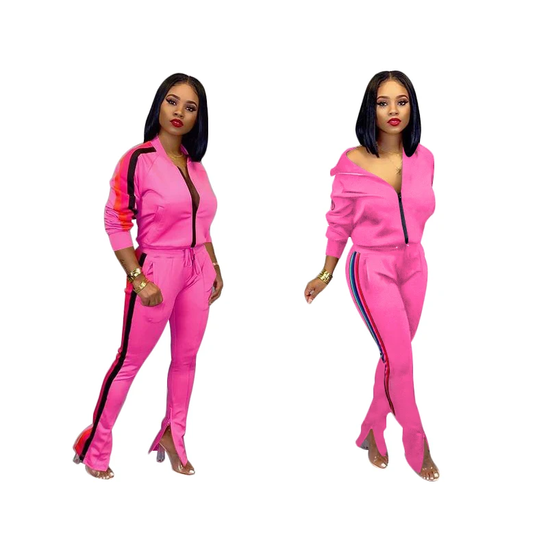 rose red Wjustforu, женская спортивная одежда, спортивный костюм со стоячим воротником, сексуальный женский повседневный костюм, пуловер на молнии с брюками для пробежек, комплект из 2 предметов, тонкий женский костюм - Цвет: rose red